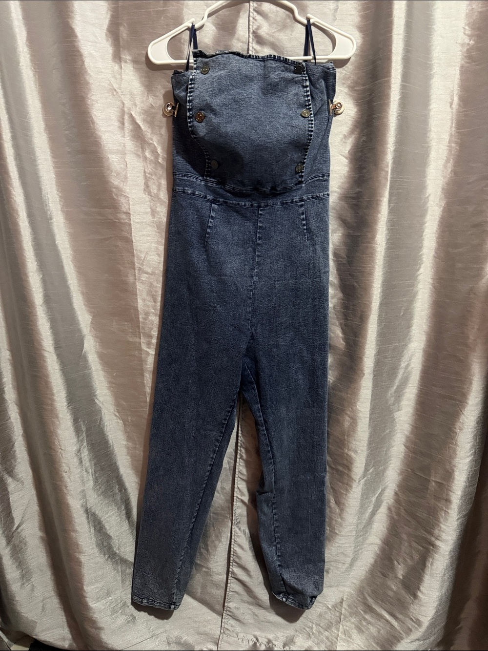 Denim Strapless Jumpsuit in Dark Blue